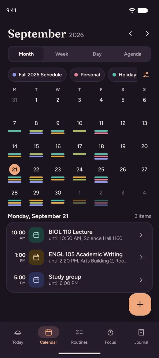 Dayloom's month view with coloured bars under each busy day.