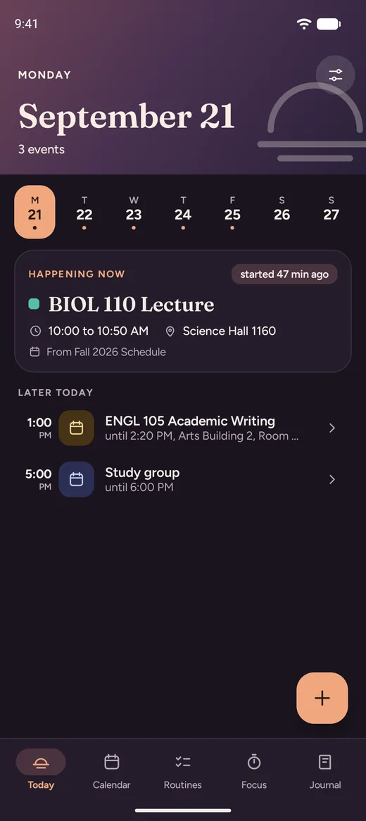 Dayloom's Today screen with a lecture happening now and two events later.