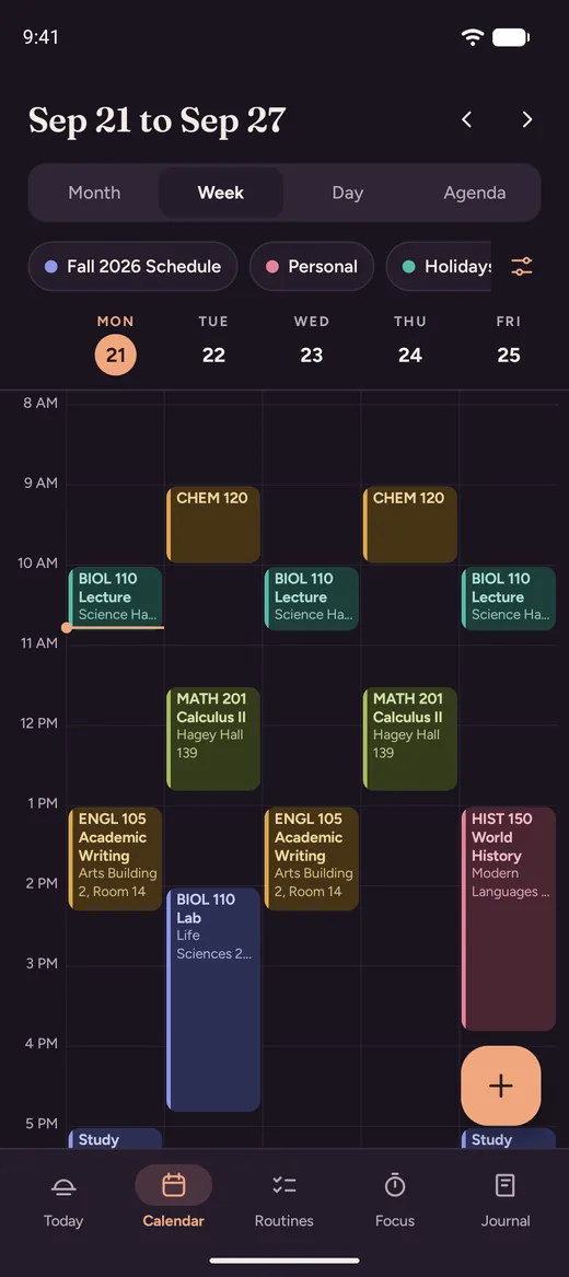 Dayloom's week view showing a colour coded class timetable.