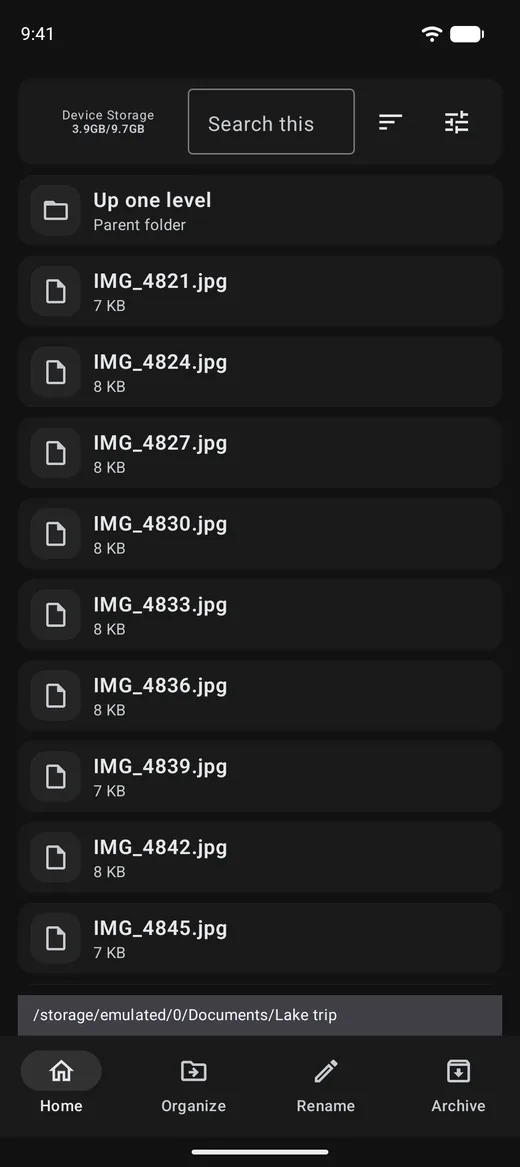 Folden's file browser open on a folder of photos.