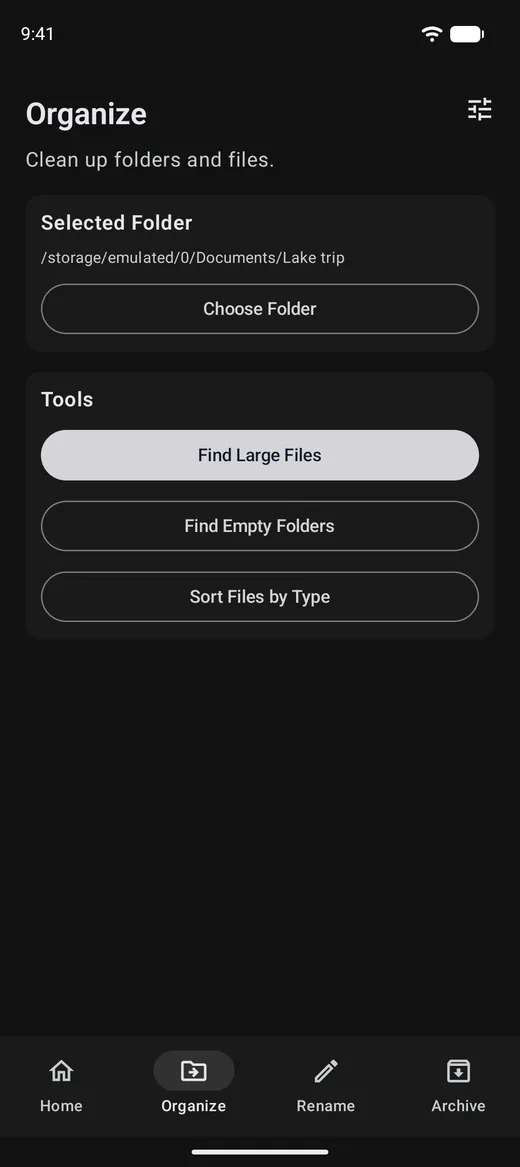 Folden's Organize screen with Find Large Files, Find Empty Folders and Sort Files by Type.