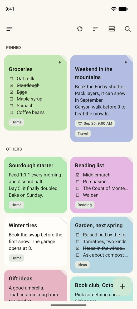 The Foliover board: coloured notes and checklists, two of them pinned.