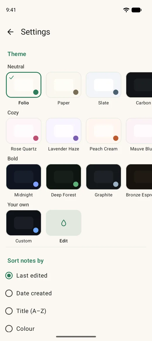 Foliover's theme picker, showing neutral, cozy, bold and custom themes.
