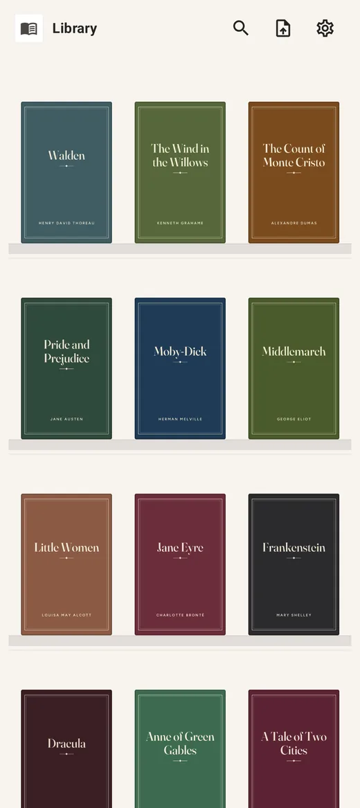 The Novellaire library: twelve book covers standing on shelves.