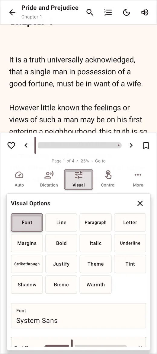 The reader's Visual Options panel, with font, line, margin, theme and tint controls.
